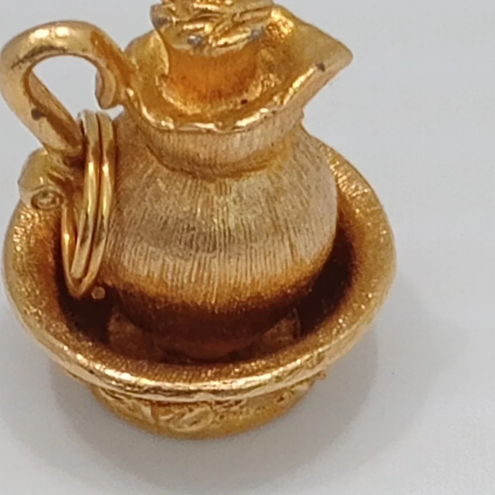 Vintage Avon Gold Tone Rose Pitcher in Basin Charm Miniature Jug Pendant Signed